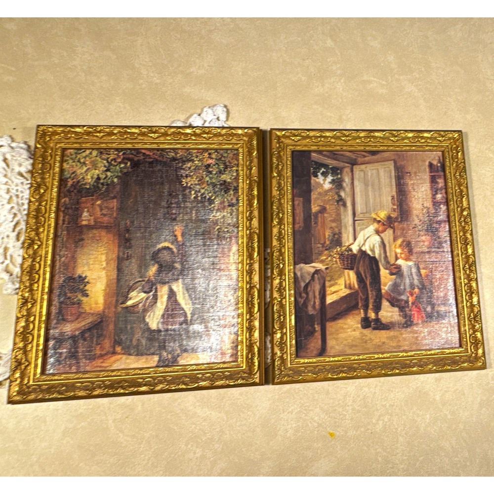 P. Salavare Signed Framed Print Set Children Interior Scenes Portrait Gold Frame